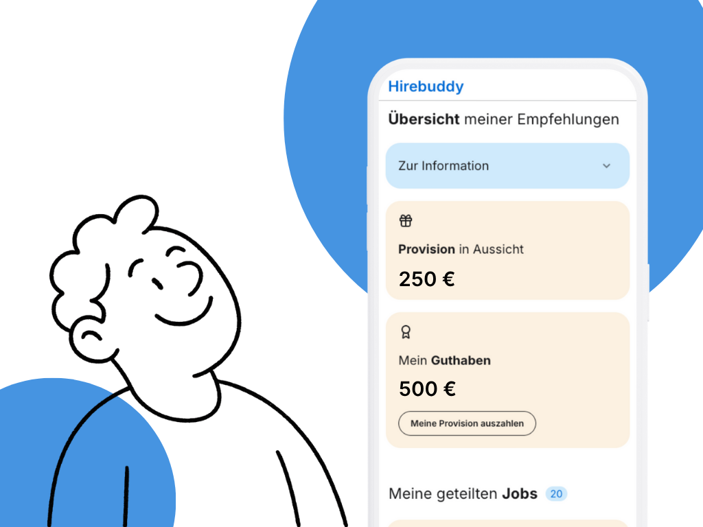 Illustration einer Person, die zufrieden auf ein Smartphone blickt. Auf dem Bildschirm ist die Hirebuddy-App mit einer Übersicht über Empfehlungen zu sehen, inklusive ausstehender Provision von 250 € und Guthaben von 500 €.