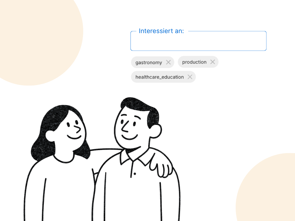 Illustration eines Paares, das lächelnd auf ein Interessenformular blickt. Im Formular der Hirebuddy-App sind die Interessensbereiche „gastronomy“, „production“ und „healthcare_education“ ausgewählt.