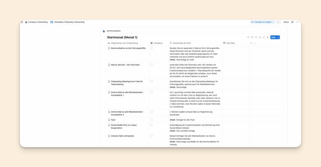 Hirebuddy Onboarding- und Kommunikationsplan